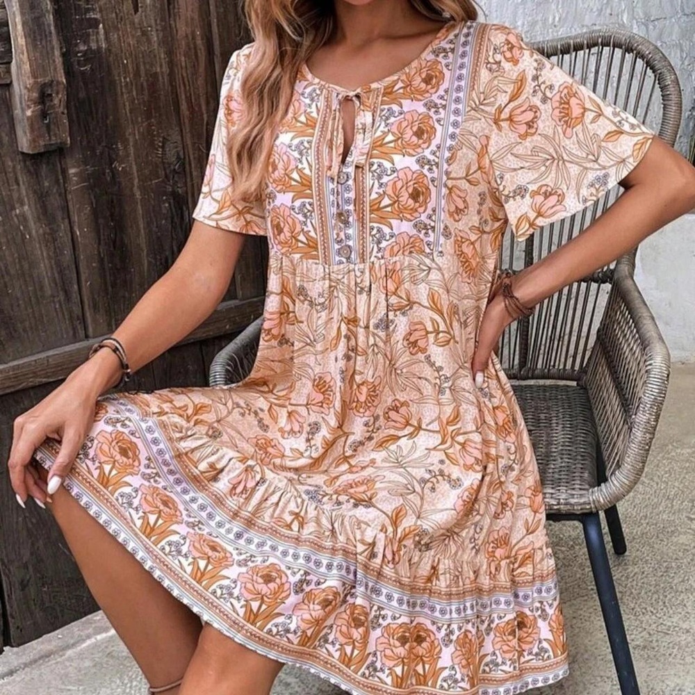 Plus Size Floral Smock Maxi Dress Peach Rose Paisley Ruffle Boho Cottagecore